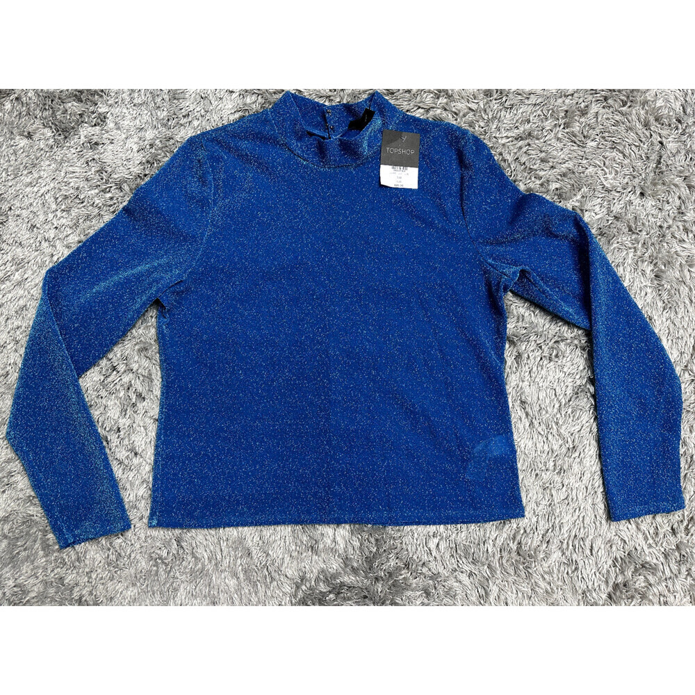 Topshop Women's Funnel Neck Long Sleeve Top In Blue Glitter Size 12 US / 16 UK